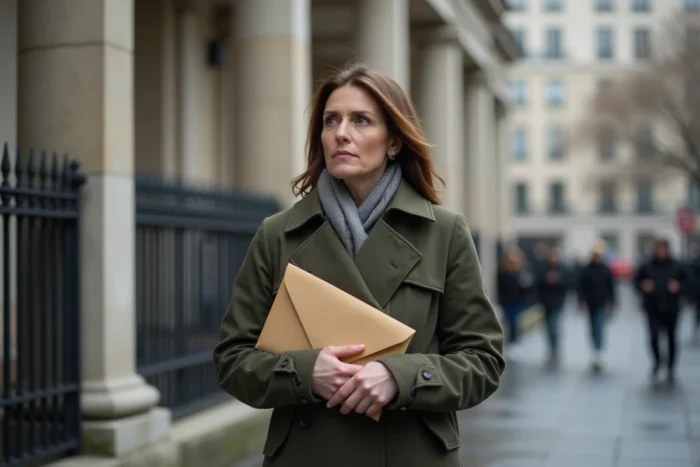 Femme tenant une enveloppe juridique devant un palais de justice français, symbolisant la procédure légale de rupture avec sa famille