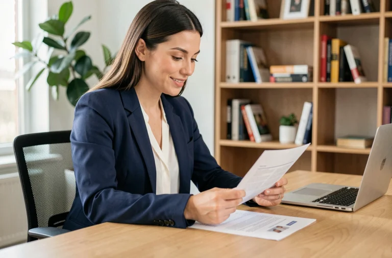 Femme professionnelle consultant des offres d'emploi à son bureau à domicile
