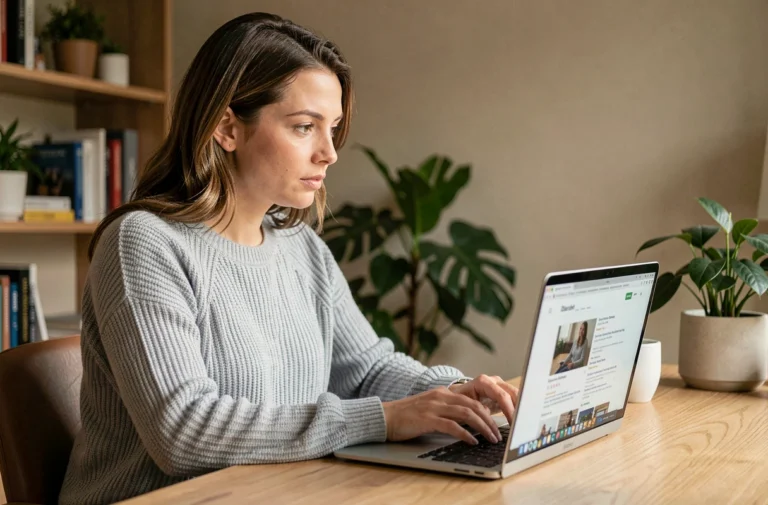 Femme consultant des résultats de recherche en ligne sur un ordinateur portable dans un bureau à domicile moderne