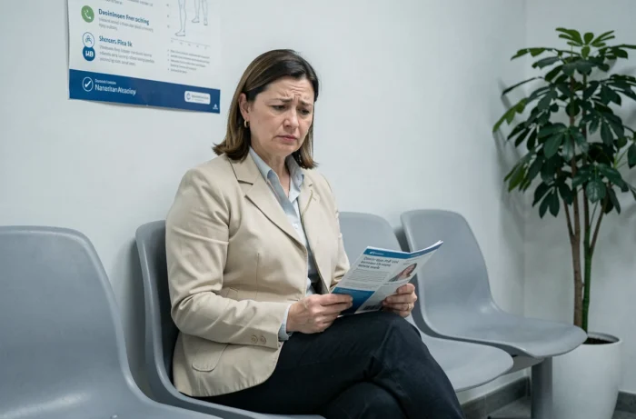 Femme en salle d'attente médicale tenant une brochure, illustrant la consultation pour une prise de poids inexpliquée