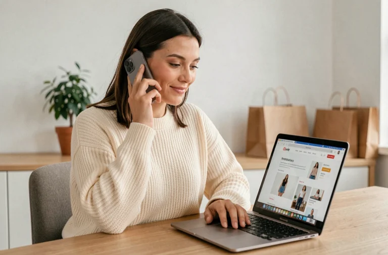 Femme contactant un service client par téléphone tout en consultant un site de shopping sur ordinateur portable