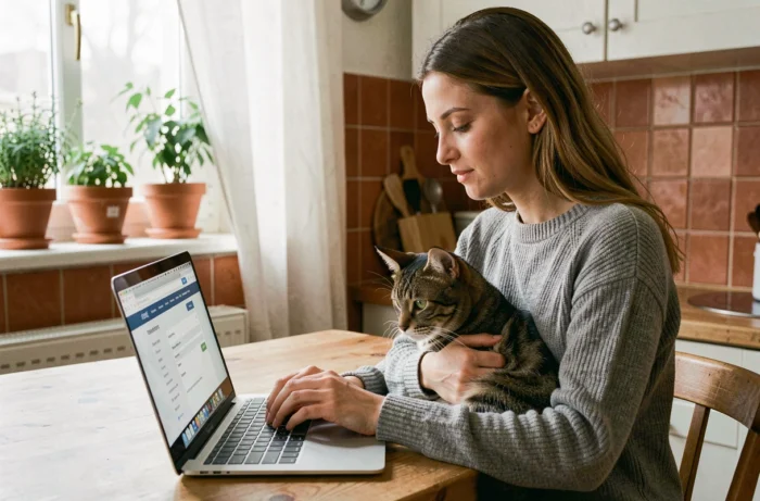 Femme consultant les services vétérinaires en ligne pour son chat depuis son domicile