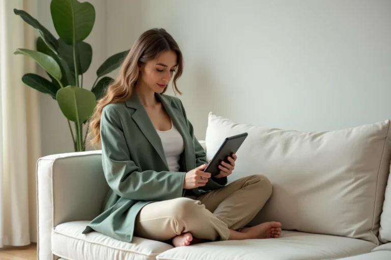 Femme élégante parcourant des tendances mode sur une tablette dans un salon scandinave épuré