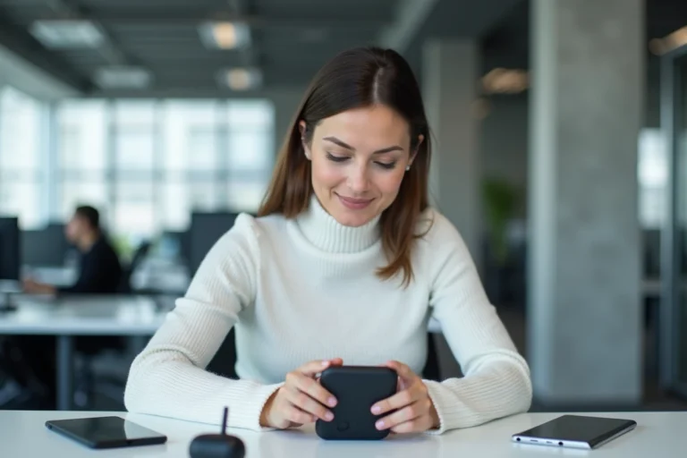 Femme professionnelle testant un smartphone pliable dans un bureau high-tech moderne entouré de gadgets technologiques