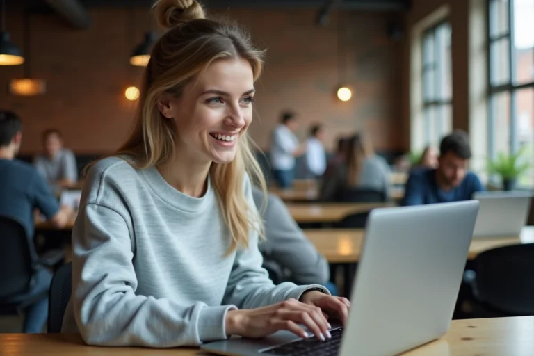 Jeune femme professionnelle consultant les dernières tendances du web sur un ordinateur portable dans un espace de coworking moderne