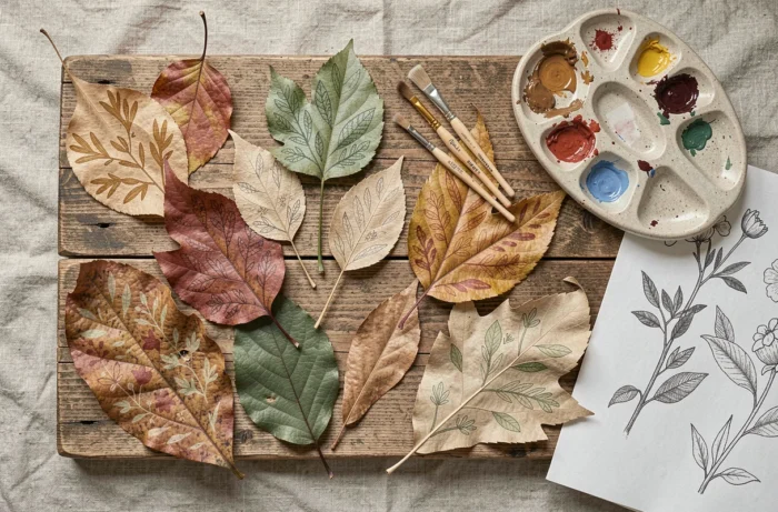 Vue en plat lay de feuilles séchées peintes avec des motifs botaniques sur une table en bois naturel