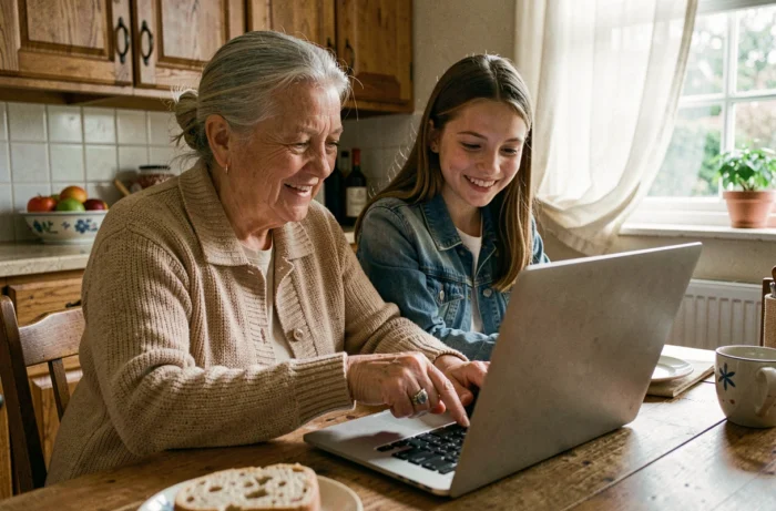 Grand-mère et petite-fille partageant un moment autour d'un ordinateur dans une cuisine familiale chaleureuse
