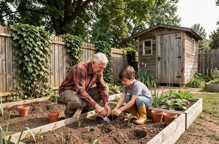 Grand-père et petit-fils jardinent ensemble dans un potager, transmettant des savoir-faire traditionnels