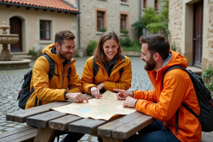 Groupe d'adultes jouant à une chasse au trésor insolite dans un village médiéval français avec carte en papier et pavés anciens
