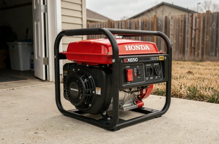 Groupe électrogène Honda EX650 posé sur une surface en béton devant un garage résidentiel, vue 3/4 montrant le panneau de contrôle et le réservoir rouge