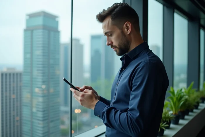 Homme d'affaires consultant une application d'actualités numériques sur smartphone devant une fenêtre avec vue sur la ville