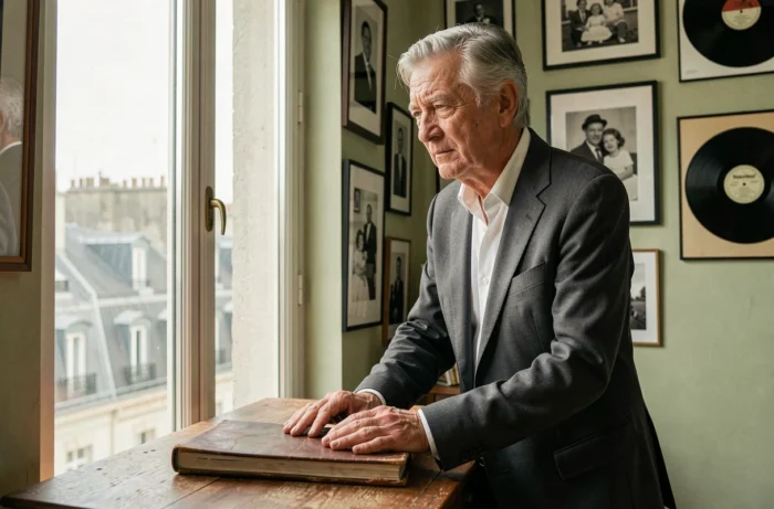 Homme âgé contemplant des photographies familiales dans un bureau parisien, symbole de mémoire familiale et de parcours personnel
