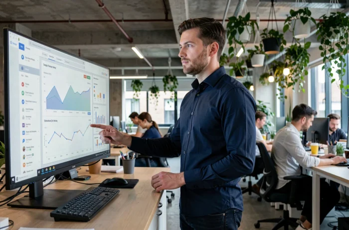 Homme consultant des statistiques de visibilité en ligne sur un grand écran dans un espace de co-working moderne