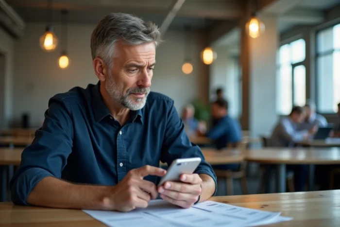 Homme utilisant l'application mobile CPF dans un espace de coworking pour sélectionner une dépense de formation éligible