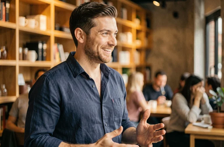 Homme charismatique souriant dans un café urbain, adoptant un langage corporel ouvert et confiant au quotidien