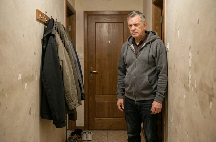 Homme d'âge moyen dans un couloir d'appartement face à une porte fermée, symbolisant le blocage d'une situation d'hébergement problématique