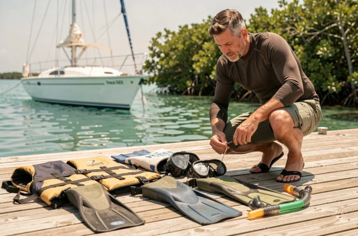 Homme comparant des équipements de sport nautique sur un ponton en bois au-dessus d'une eau turquoise, avec gilet de sauvetage, palmes et masque de plongée