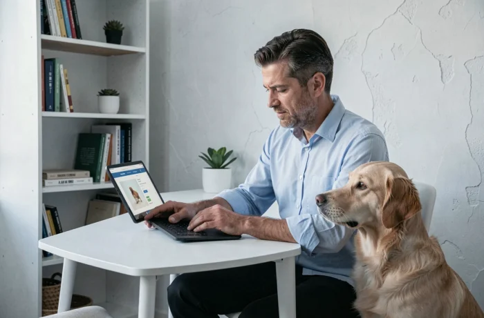 Homme gérant l'espace animalier en ligne de son chien golden retriever sur une tablette
