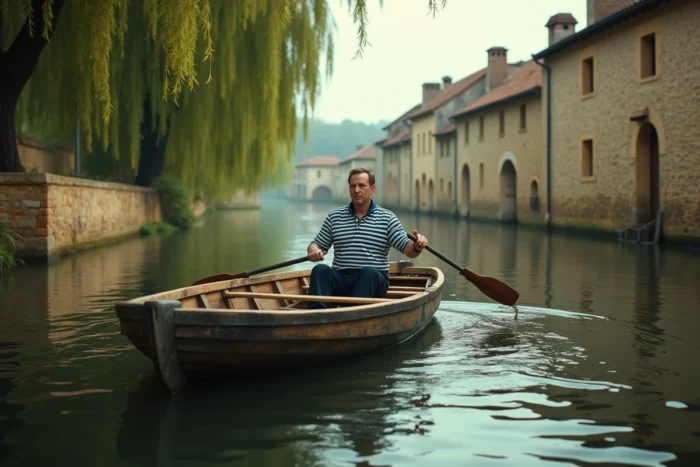 Homme en marinière bretonne naviguant sur une gabare en bois sur un canal de la Dordogne, loisir original et insolite en France