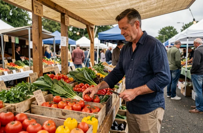 Homme choisissant des légumes frais et colorés sur un marché de producteurs locaux pour une alimentation saine au quotidien