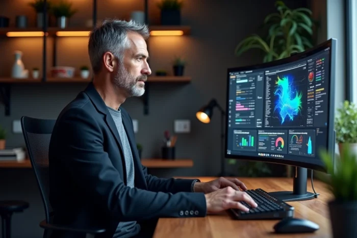 Homme utilisant un moniteur ultrawide incurvé pour consulter les dernières actualités technologiques dans un bureau à domicile
