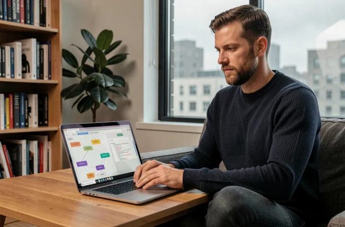 Homme travaillant sur un outil de sitemap visuel depuis son bureau à domicile avec laptop ouvert