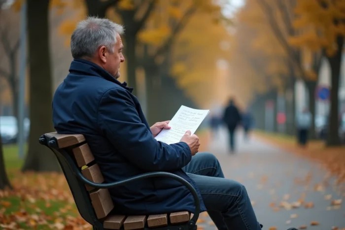 Homme assis sur un banc dans un parc relisant ses notes avant sa première séance chez le psychologue