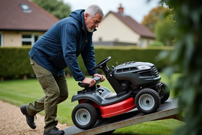 Homme utilisant une rampe de chargement pour monter une tondeuse sur une remorque dans un jardin