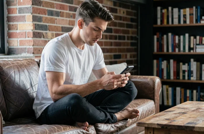 Jeune homme recherchant l'adresse d'une personne sur son smartphone depuis son appartement