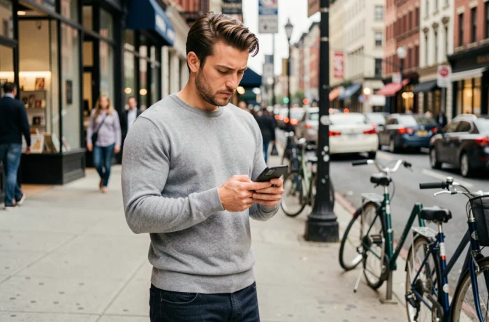 Jeune homme cherchant des offres d'emploi locales sur son smartphone en ville