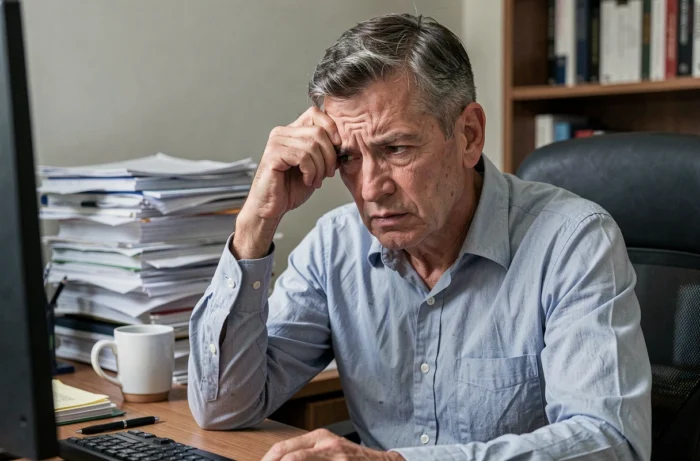 Homme stressé assis à son bureau, symbolisant le lien entre le stress chronique et la prise de poids sans raison apparente