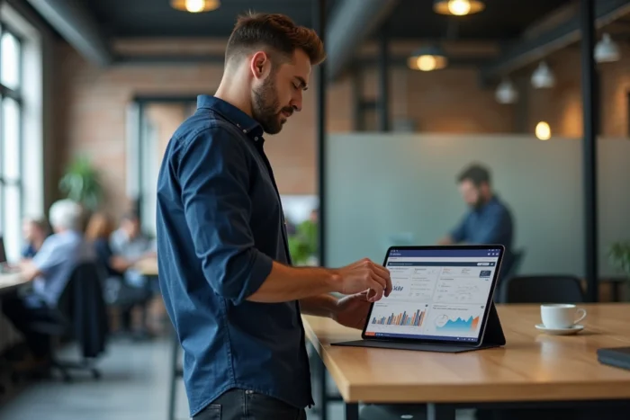 Homme utilisant une tablette avec des outils de services en ligne dans un espace de co-working pour optimiser son activité professionnelle