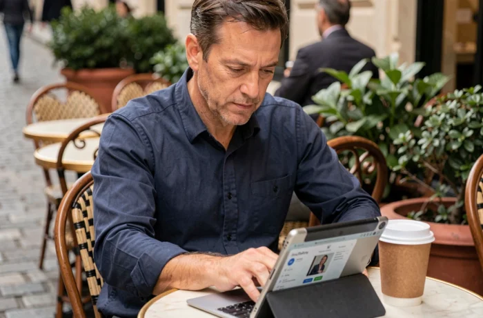 Homme utilisant une tablette en terrasse de café pour contacter un service client d'une boutique en ligne