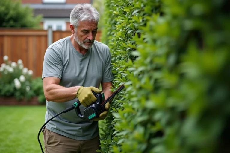 Homme utilisant un taille-haie électrique filaire pour tailler une haie verte dans un jardin soigné