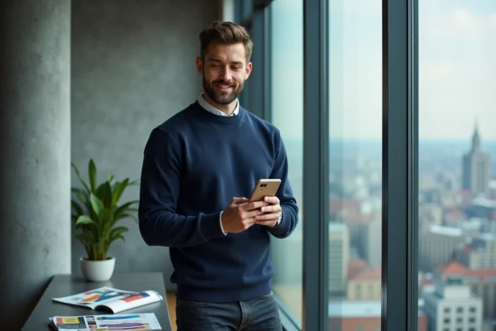 Homme consultant des tendances shopping mode sur son smartphone dans un appartement urbain moderne