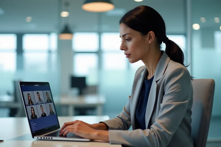 Femme professionnelle consultant une réunion Microsoft Teams sur un ordinateur portable dans un bureau moderne