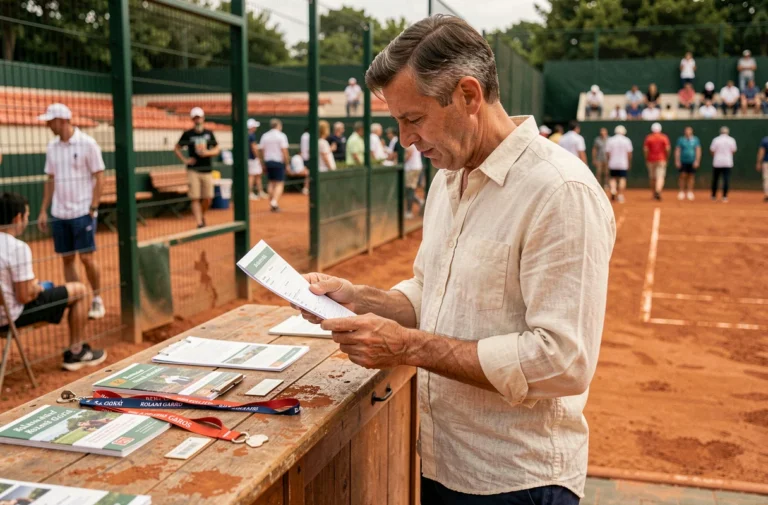 Homme examinant un formulaire d'inscription au bureau d'accueil de Roland Garros avec les courts en terre battue en arrière-plan