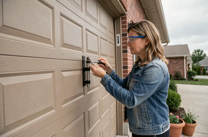 Femme installant un nouveau vérin sur une porte de garage résidentielle avec une clé à douille