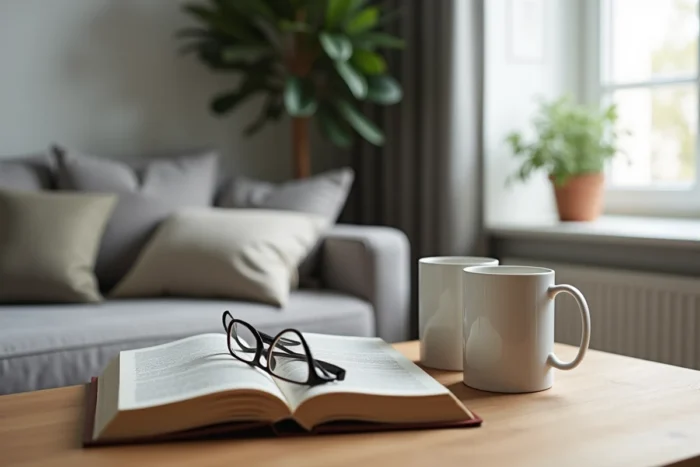 Intérieur domestique parisien avec objets du quotidien symbolisant la vie commune et intime d'un couple