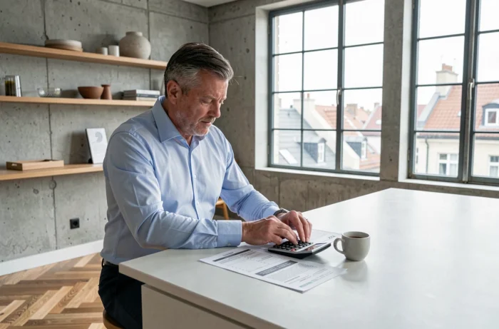 Homme analysant des simulations de prêt immobilier dans un appartement rénové au design contemporain