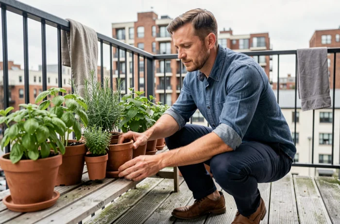 Homme arrangeant des plantes aromatiques en pot sur un balcon urbain, conseils jardinage et décoration extérieure
