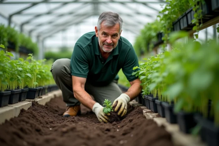 Jardinier plantant des plants de légumes dans l'espace pépinière d'une jardinerie Gamm Vert
