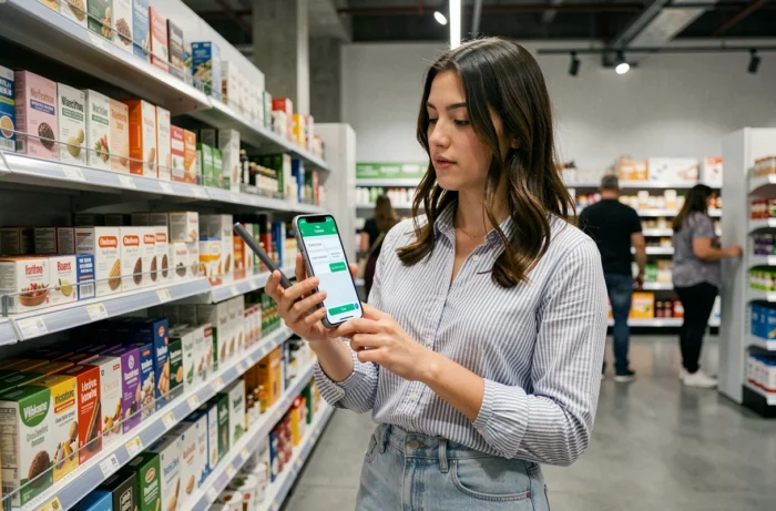 Jeune femme en magasin consultant le service client via chat sur son smartphone pour comparer des produits