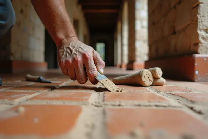 Gros plan sur la pose de joints sur des carreaux en terre cuite dans un couloir ancien