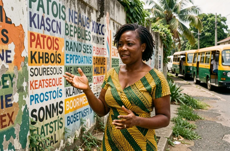 Femme jamaïcaine devant une fresque murale colorée avec des inscriptions en anglais et en patois à Kingston, Jamaïque