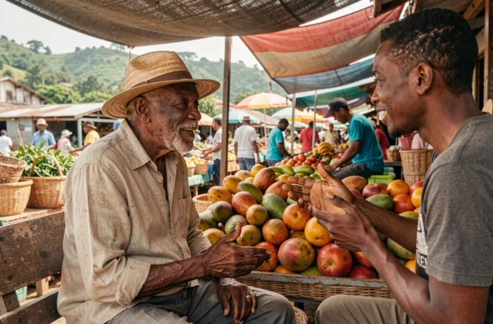 Homme jamaïcain âgé en conversation animée dans un marché rural en plein air, illustrant le mélange de l'anglais et du patois jamaïcain