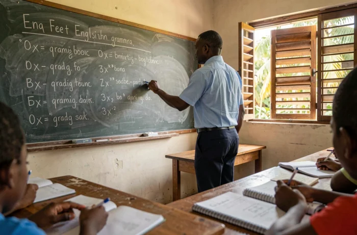 Enseignant jamaïcain écrivant en anglais au tableau dans une salle de classe traditionnelle avec des élèves en premier plan