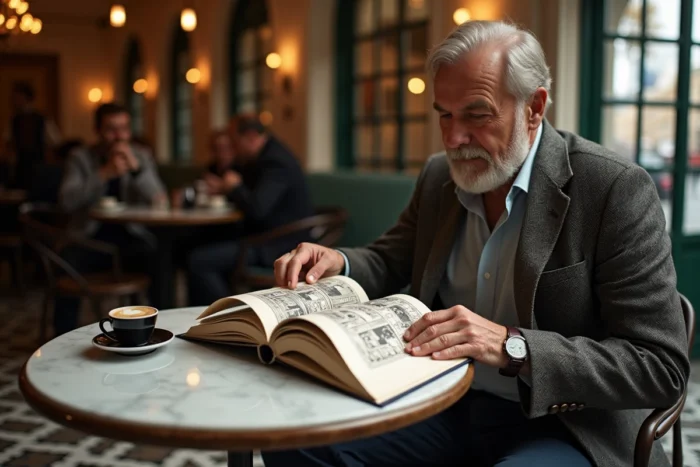 Homme en veste en tweed feuilletant un album Chapeau Melon dans un café parisien avec un espresso sur la table