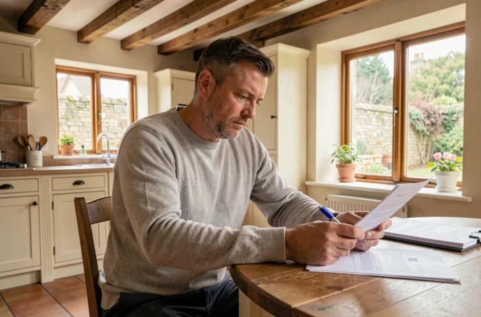 Homme lisant attentivement un contrat immobilier dans une maison de campagne rénovée près de Coulommiers