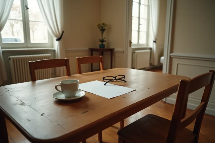 Table de salle à manger vide avec une lettre juridique ouverte dans un appartement français, évoquant la solitude d'une rupture familiale officielle